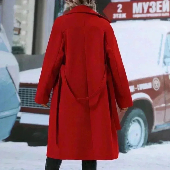 Casual Women's Double Breasted Lapel Neck Belted jacket Overcoat RED - Picture 2 of 6